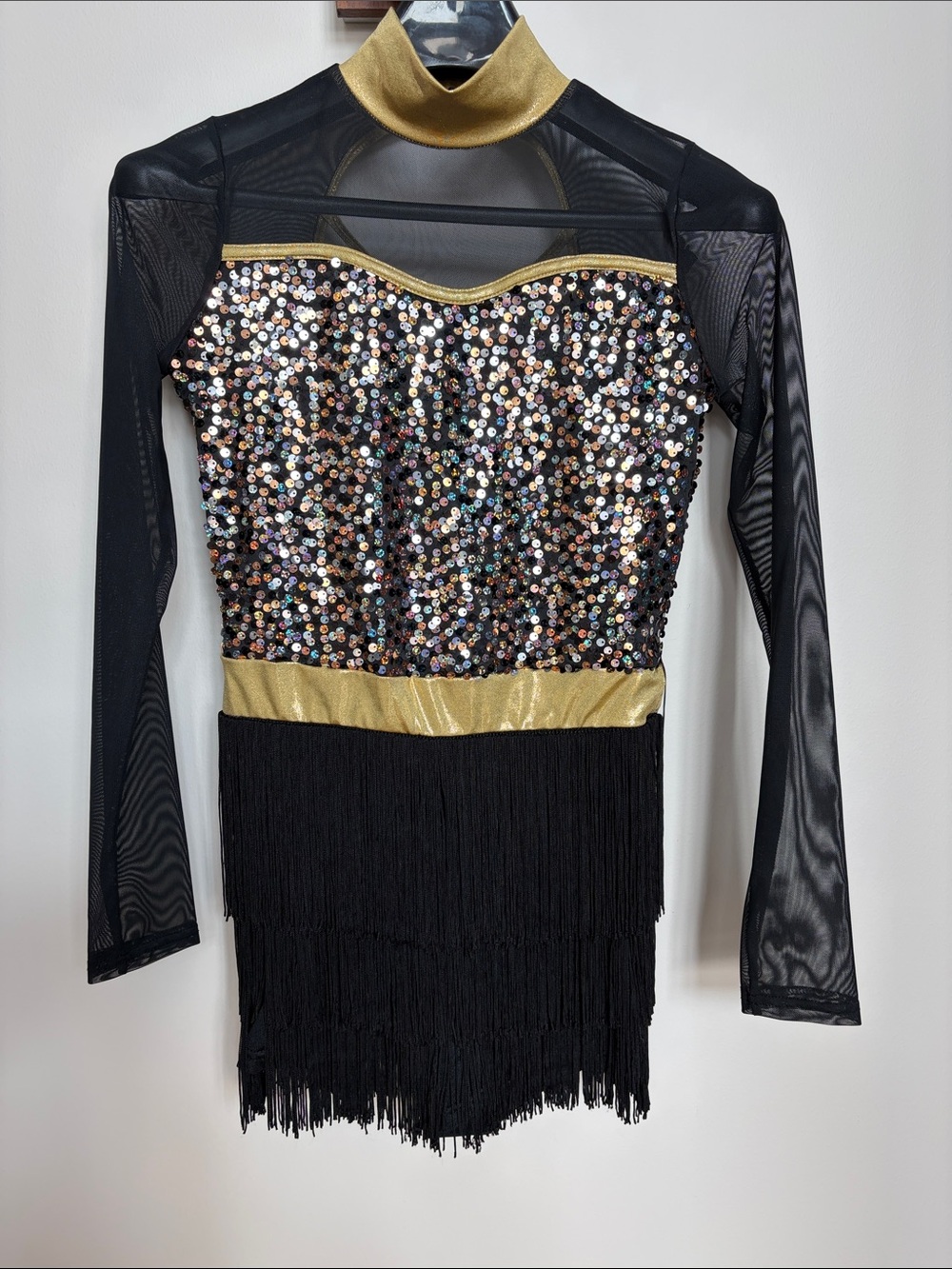 Weissman Black Sequin Fringe Dance Shortall with Gold Accents
